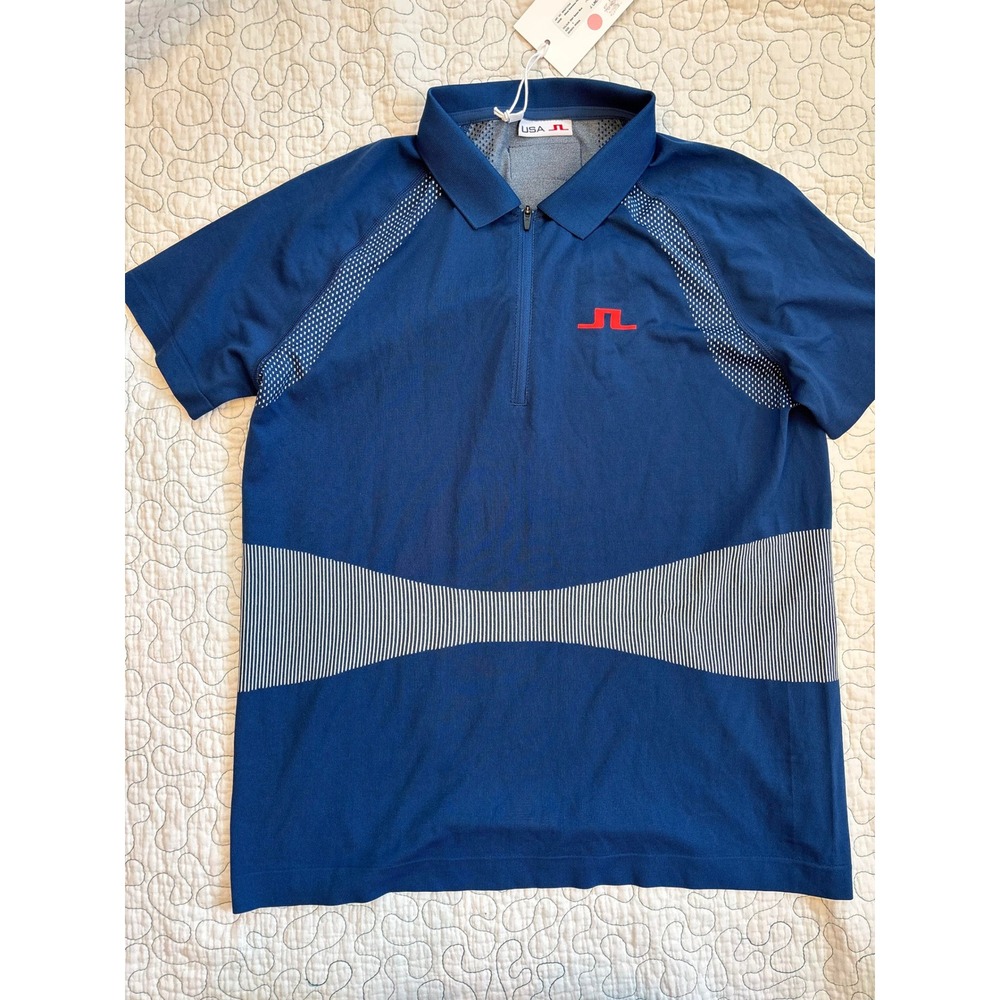 J.Lindeberg Boy's USA Golf Polo Shirt Navy‎ Blue Quarter Zip Short Sleeve Large